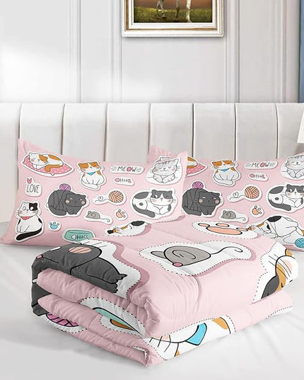 CVHOUSE Cat Bedding,Cartoon Cat Comforter Twin,Animals Print Comforter Set for Kids,Kawaii Quilt Set with 1 Comforter and 2 Pillow Cases - LeafyLoom