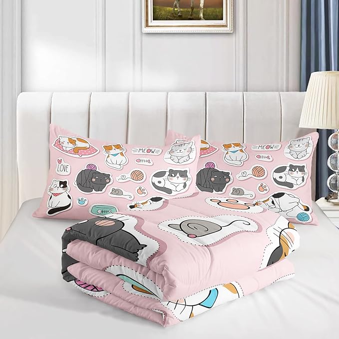 CVHOUSE Cat Bedding,Cartoon Cat Comforter Twin,Animals Print Comforter Set for Kids,Kawaii Quilt Set with 1 Comforter and 2 Pillow Cases - LeafyLoom