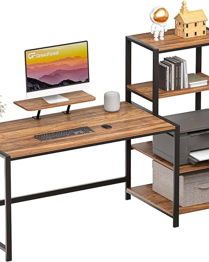 GreenForest Computer Desk 58 inch with Storage Printer Shelf Reversible Home Office Desk with Movable Monitor Stand and 2 Headphone Hooks for Study Writing PC Gaming Working, Walnut - LeafyLoom
