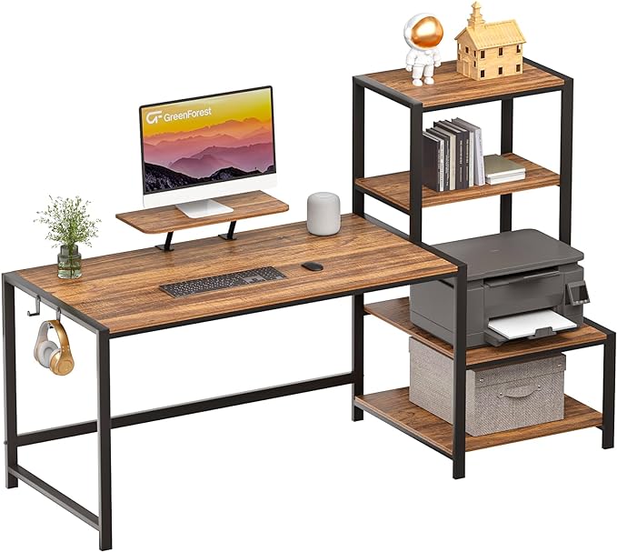 GreenForest Computer Desk 58 inch with Storage Printer Shelf Reversible Home Office Desk with Movable Monitor Stand and 2 Headphone Hooks for Study Writing PC Gaming Working, Walnut - LeafyLoom