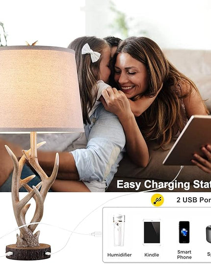 Dungoo Rustic Western Table Lamp Set of 2, 26" Farmhouse Table Lamp for Bedroom with 2 USB Ports, Natural Antler Table Lamp for Christmas Living Room Gift Foyer Office (Rustic Brown) - LeafyLoom