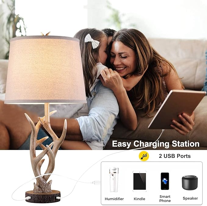Dungoo Rustic Western Table Lamp Set of 2, 26" Farmhouse Table Lamp for Bedroom with 2 USB Ports, Natural Antler Table Lamp for Christmas Living Room Gift Foyer Office (Rustic Brown) - LeafyLoom