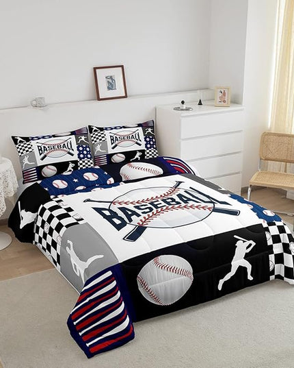 Baseball Bedding,Kids Sports Baseball Comforter Set For Boys Girls Twin Size,Teen Baseball Quilt Set Sport Fans Room Decor,Patchwork Geometric Checkered Comforter Balck white Navy Blue 1 Pillowcase - LeafyLoom