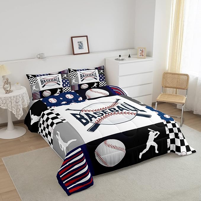 Baseball Bedding,Kids Sports Baseball Comforter Set For Boys Girls Twin Size,Teen Baseball Quilt Set Sport Fans Room Decor,Patchwork Geometric Checkered Comforter Balck white Navy Blue 1 Pillowcase - LeafyLoom