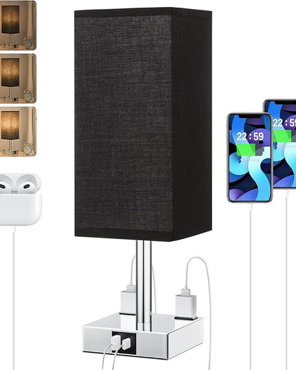 Touch Bedside Table Lamp For Nightstand - 3-Way Dimmable Night Lamp with USB A + Type C Charging Ports and two AC Outlets, Small Desk Light with E26 LED Bulb for Bedroom Living Room Dorm Office,BLACK - LeafyLoom