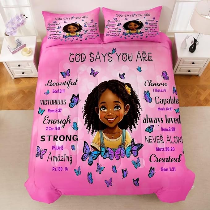 Black Girl Comforter Set Full for Kids Teens,God Says You are Comforter Set for Black Women,Black Girl Magic Bedding Set,African American Girl Bed Bedroom Set - LeafyLoom