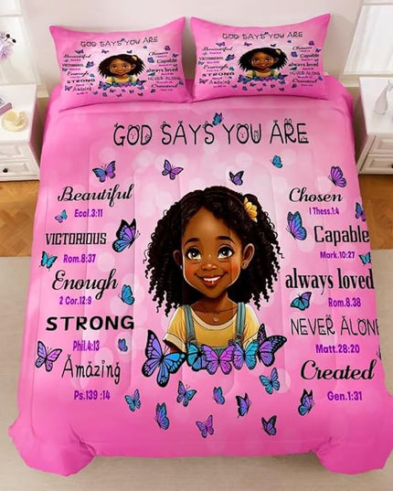 Black Girl Comforter Set Queen for Kids Teens,God Says You are Comforter Set for Black Women,Black Girl Magic Bedding Set,African American Girl Bed Bedroom Set - LeafyLoom