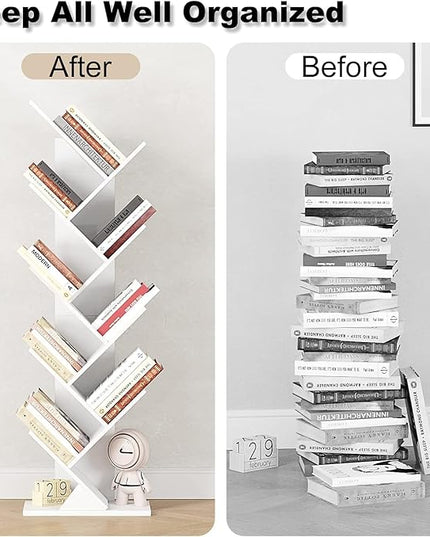 Function Home 9 Tier Tree Bookshelf, Modern Tall Geometric Bookcase, Freestanding Book Shelf, Wood Floor Storage Shelf for Living Room, Bedroom, Home Office,White - LeafyLoom