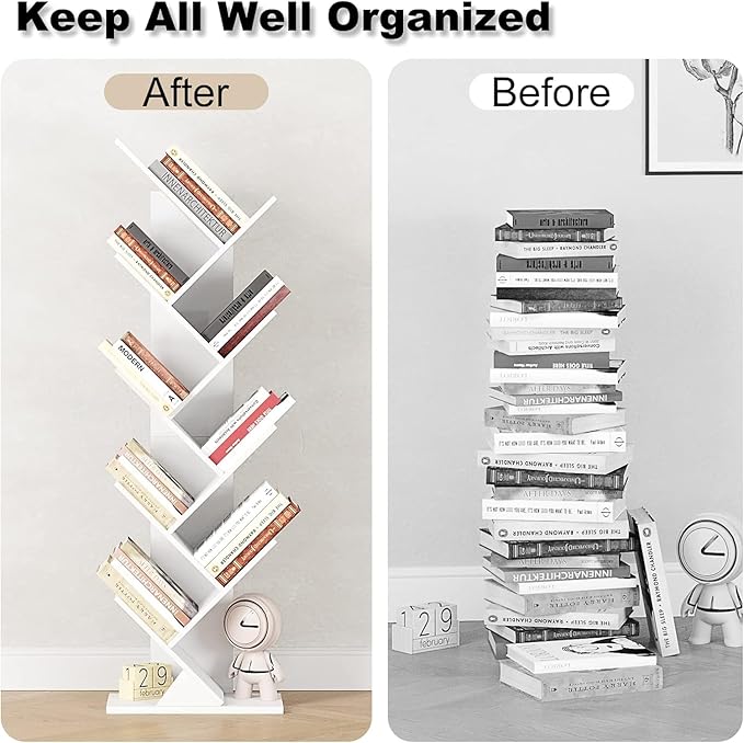 Function Home 9 Tier Tree Bookshelf, Modern Tall Geometric Bookcase, Freestanding Book Shelf, Wood Floor Storage Shelf for Living Room, Bedroom, Home Office,White - LeafyLoom