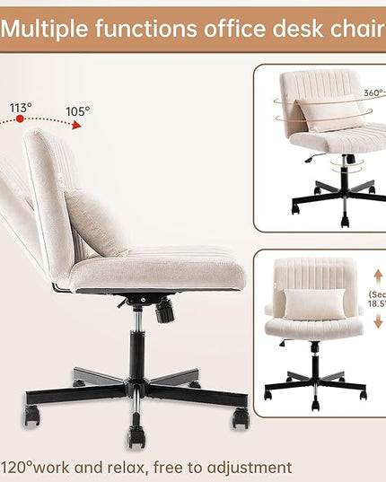 Criss Cross Armless Home Office Chair with Replaceable Wheels/Fixed Base and Lumbar Support for Living Room, Wide Seat Adjustable Legged Swivel Chair, Comfy Linen Computer Chair for Vanity, Beige - LeafyLoom