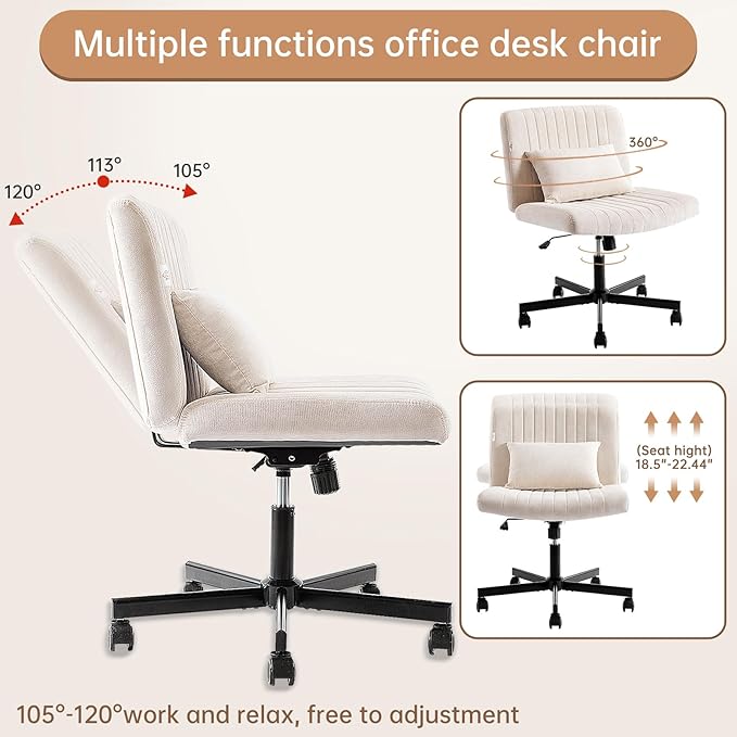 Criss Cross Armless Home Office Chair with Replaceable Wheels/Fixed Base and Lumbar Support for Living Room, Wide Seat Adjustable Legged Swivel Chair, Comfy Linen Computer Chair for Vanity, Beige - LeafyLoom