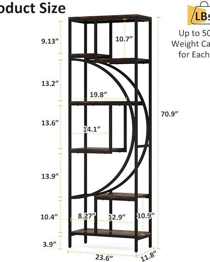 Bookshelf, 70.9" Tall Bookcase with 7-Shelf Open Bookshelves, Wood Metal Book Shelf Freestanding Display Rack Storage Shelving Unit for Office, Bedroom, Living Room, Easy Assembly - LeafyLoom