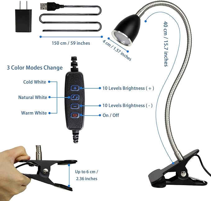 Desk lamp Eye-Caring Table Lamps, 360°Rotation Gooseneck Clip on Lamp Reading Light, Portable Reading Book Light, Clamp Light, Study Desk Lamps for Bedroom and Office Home Lighting (Black-C01) - LeafyLoom