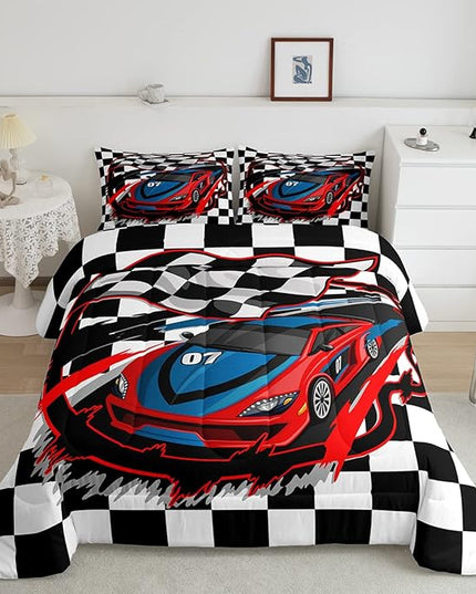 Red Race Car Bedding Set Twin Size Cool Racing Car Comforter Set Competition Extreme Sports Game Down Comforter For Kids Boys Girls Teens Bedroom Decor Plaid Pattern Duvet Insert With 1 Pillowcase - LeafyLoom