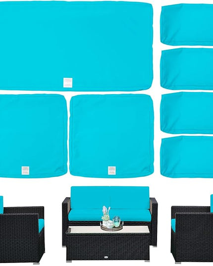 ClawsCover 7Pack Outdoor Seat and Back Cushions Replacement Covers Fits for 4-Seater 4Pieces Wicker Rattan Patio Conversation Set Sectional Couch Chair Furniture,Turquoise-Include Cover Only - LeafyLoom