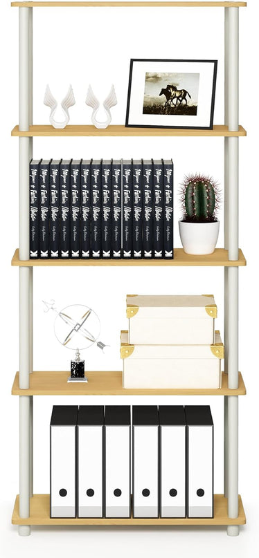 Furinno Turn-N-Tube 5-Tier Multipurpose Shelf / Display Rack / Storage Shelf / Bookshelf, Round Tubes, Beech/White - LeafyLoom