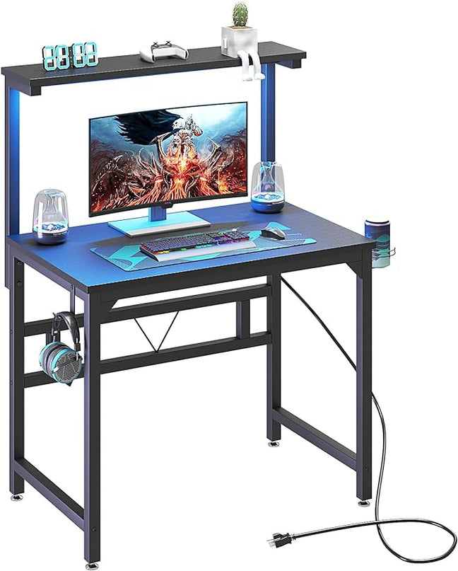 Gaming Desk with Power Outlets & LED Strip Lights,80CM Industrial Writing Desk with Adjustable Monitor Stand, Cupholder and Headphone Hook for Home Office Black - LeafyLoom