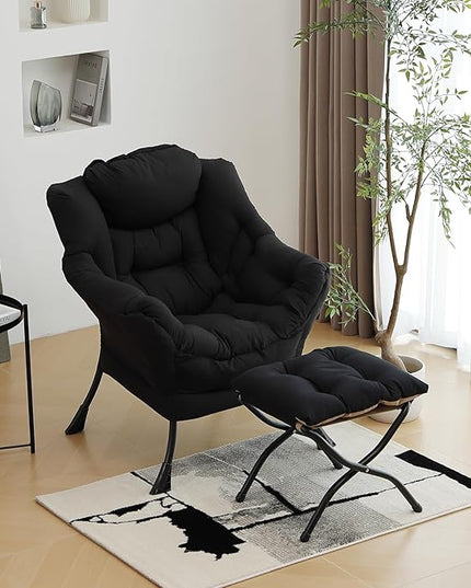 Lazy Chair with Ottoman, Modern Chair with Folding Footrest, Lounge Accent Chair, Comfortable Reading Chair (Peach Black) - LeafyLoom
