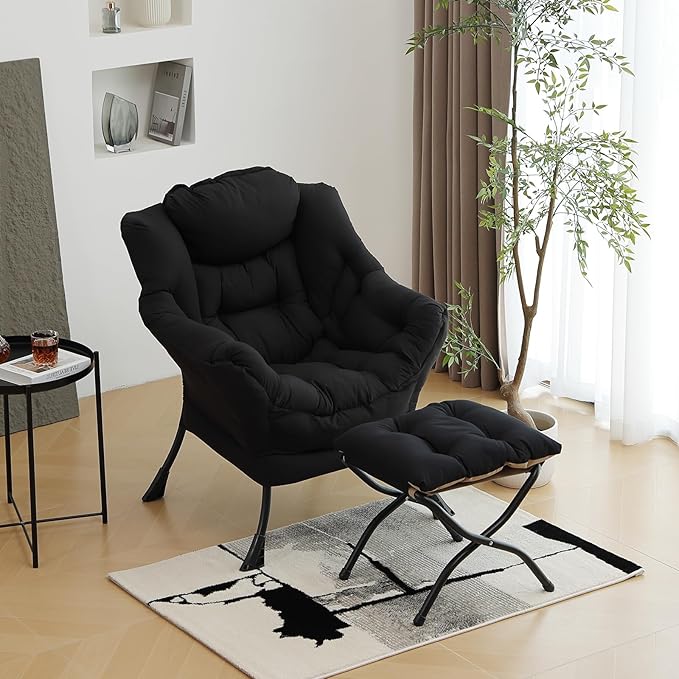Lazy Chair with Ottoman, Modern Chair with Folding Footrest, Lounge Accent Chair, Comfortable Reading Chair (Peach Black) - LeafyLoom