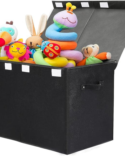 popoly Large Toy Box Chest Storage with Flip-Top Lid, Collapsible Kids Storage Boxes Container Bins for Toys, Playroom Organizers, 25"x13" x16" (Linen Black) - LeafyLoom