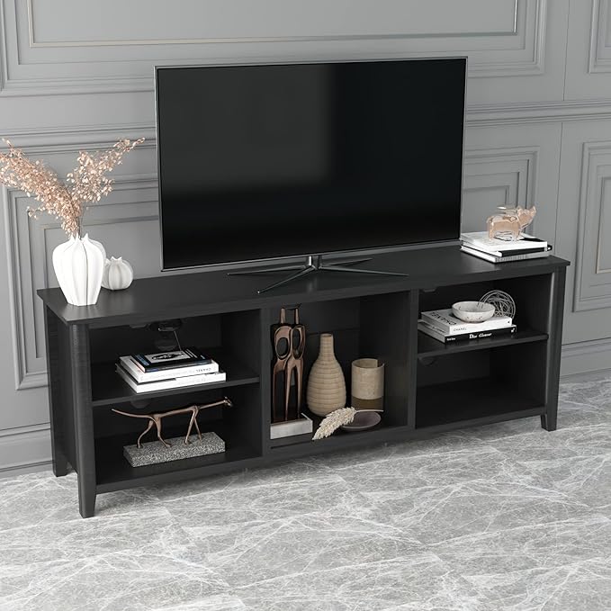 Entertainment Stand with 5 Storage Compartments, Media Center Console Table 60", Flat Screen TV Cabinet for Living Room, 70 inch, Black-1 - LeafyLoom
