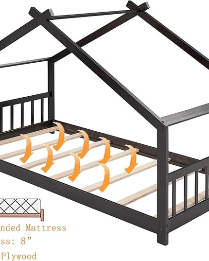 Montessori Floor Bed Frame Twin Size, Twin Floor Bed Frame with Headboard, Footboard and Slats, Wood Montessori Bed Frame/Montessori House Bed for Kids, Girls, Boys(Espresso) - LeafyLoom