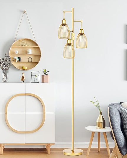 Dimmable Floor Lamp, 3 x 800LM LED Edison Bulbs Included, Farmhouse Industrial Floor Lamp Standing Tree Lamp with Elegant Teardrop Cage Head Tall Lamp for Living Room Bedroom Office Dining Room - Gold - LeafyLoom