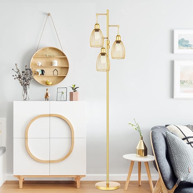 Dimmable Floor Lamp, 3 x 800LM LED Edison Bulbs Included, Farmhouse Industrial Floor Lamp Standing Tree Lamp with Elegant Teardrop Cage Head Tall Lamp for Living Room Bedroom Office Dining Room - Gold - LeafyLoom