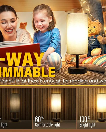 Yarra-Decor Bedside Lamp with USB Port - Touch Control Table Lamp for Bedroom 3 Way Dimmable Nightstand Lamp with Round Grey Fabric Shade for Living Room, Dorm, Home Office (LED Bulb Included) - LeafyLoom