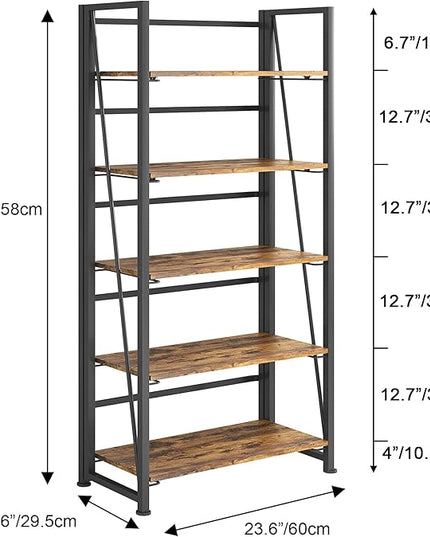 No-Assembly Folding Bookshelf Storage Shelves 5 Tiers Vintage Multifunctional Plant Flower Stand Storage Rack Shelves Bookcase for Home Office(Firestone and Black) - LeafyLoom