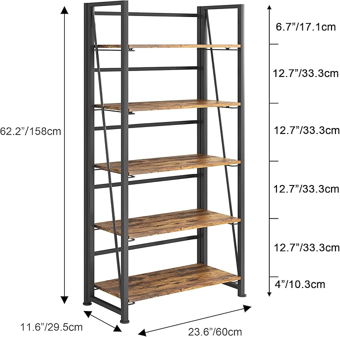 No-Assembly Folding Bookshelf Storage Shelves 5 Tiers Vintage Multifunctional Plant Flower Stand Storage Rack Shelves Bookcase for Home Office(Firestone and Black) - LeafyLoom
