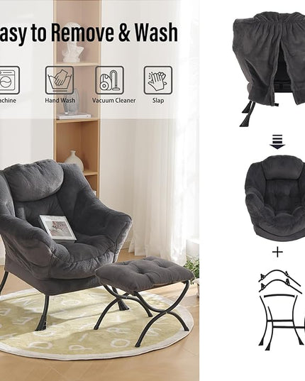 Oversized Chair with Ottoman, Modern Reading Chair, Lounge Accent Chair with Armrests and a Side Pocket for Small Space, Bedroom, Study, Living Room (Plush Dark Grey) - LeafyLoom
