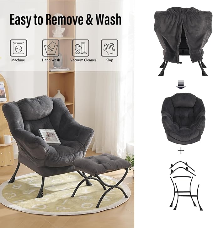 Oversized Chair with Ottoman, Modern Reading Chair, Lounge Accent Chair with Armrests and a Side Pocket for Small Space, Bedroom, Study, Living Room (Plush Dark Grey) - LeafyLoom