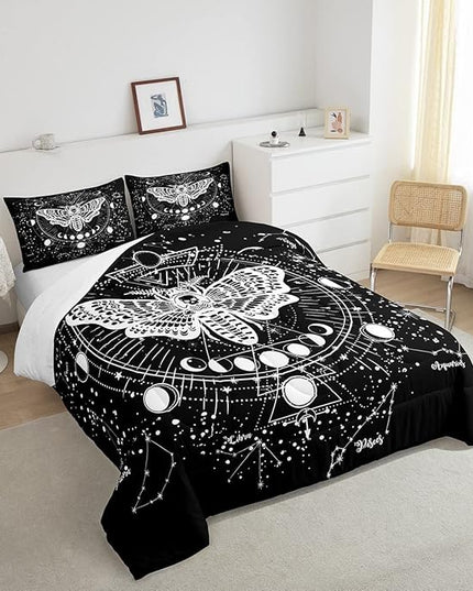 Kids Boho Moth Comforter Set King Boys Gothic Skull Bedding Set for Men Women Bedroom Decor Bohemian Moon Starry Sky Comforter Exotic Moth Skull Skeleton Bones Duvet Set Teens Quilt Set, Black White - LeafyLoom