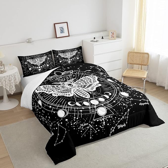 Kids Boho Moth Comforter Set King Boys Gothic Skull Bedding Set for Men Women Bedroom Decor Bohemian Moon Starry Sky Comforter Exotic Moth Skull Skeleton Bones Duvet Set Teens Quilt Set, Black White - LeafyLoom