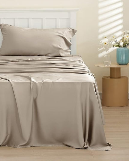 Bedsure Twin XL Sheet Set Dorm Bedding, Cooling Sheets Twin Extra Long Sheets, Rayon Derived from Bamboo, Deep Pocket Up to 16", Hotel Luxury Silky Bedding Sheets & Pillowcases, Simply Taupe - LeafyLoom