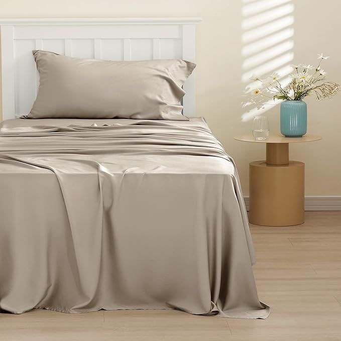 Bedsure Twin XL Sheet Set Dorm Bedding, Cooling Sheets Twin Extra Long Sheets, Rayon Derived from Bamboo, Deep Pocket Up to 16", Hotel Luxury Silky Bedding Sheets & Pillowcases, Simply Taupe - LeafyLoom