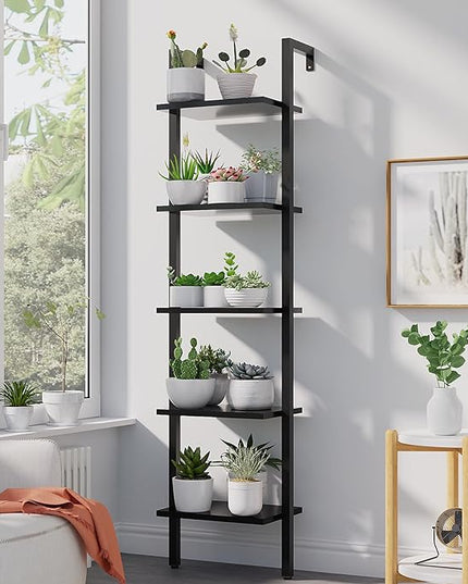 YMYNY 5 Tiers Narrow Ladder Bookcase, Industrial Wall Mounted Bookshelf, Open Display Rack with Metal Frame, Wooden Storage Shelves for Bedroom, Home Office, Living Room, Black, 70*17.3*11.8"UHBC015B - LeafyLoom