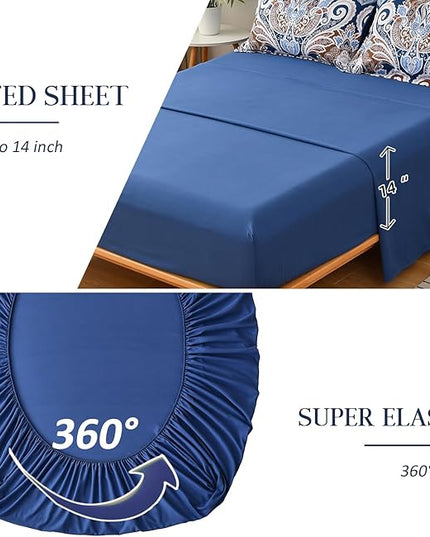 Yiran Blue Paisley Comforter Set Queen 7 Pieces Bed in a Bag Boho Comforter Lightweight Microfiber Reversible Bedding Set (1 Comforter, 1 Flat Sheet, 1 Fitted Sheet, 2 Pillowcases, 2 Pillow Shams) - LeafyLoom