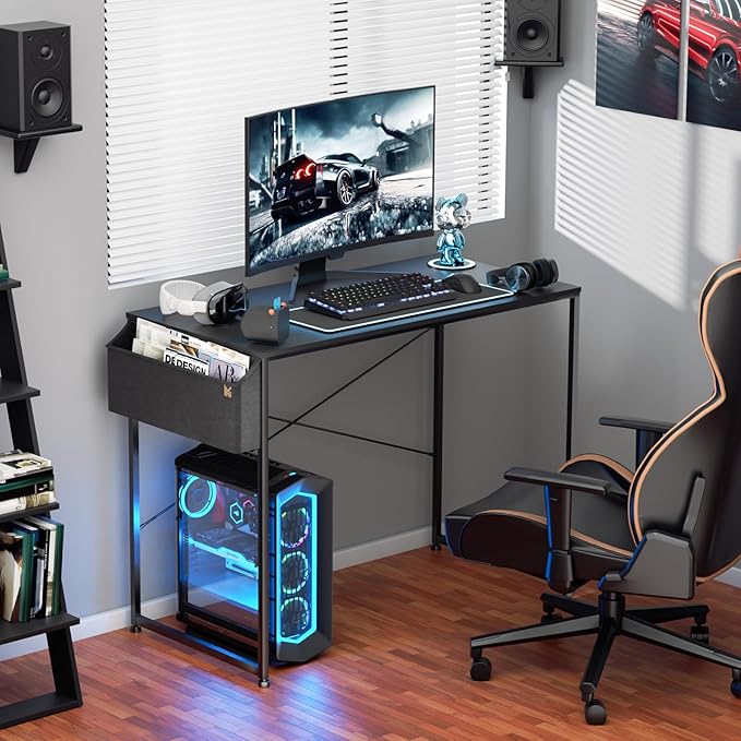 MoNiBloom Writing Computer Desk 40", Simple Home Office Gaming Desk with Storage Bag, Space Saving Table - Black - LeafyLoom