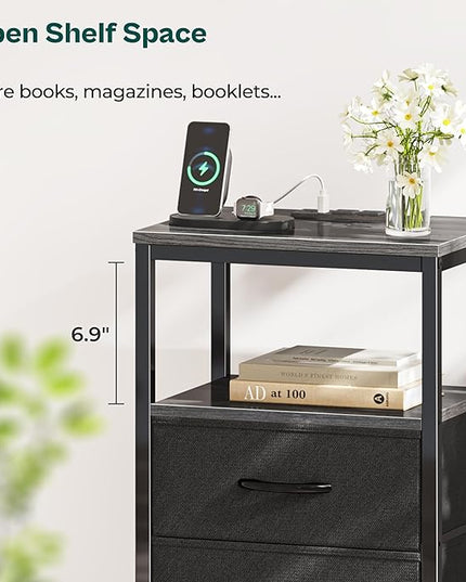 Nightstands Set of 2, End Tables with Charging Station, Side Tables with Fabric Drawers, Bedside Tables with USB Ports and Outlets, Night Stands for Bedroom, Charcoal Gray - LeafyLoom