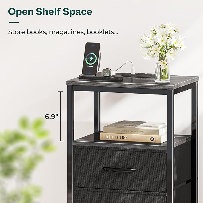 Nightstands Set of 2, End Tables with Charging Station, Side Tables with Fabric Drawers, Bedside Tables with USB Ports and Outlets, Night Stands for Bedroom, Charcoal Gray - LeafyLoom