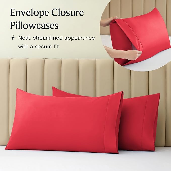 LuxClub 7 PC Split King Sheet Set, Breathable Luxury Bed Sheets, Deep Pockets 18" Eco Friendly Wrinkle Free Cooling Sheets Machine Washable Hotel Bedding Silky Soft - Red Split King - LeafyLoom