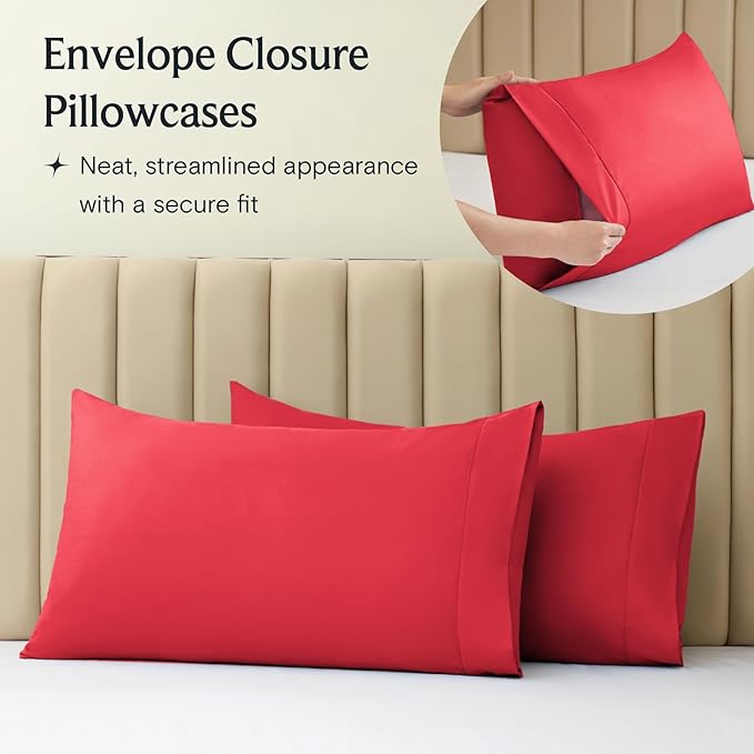 LuxClub 6 PC Queen Sheet Set, Breathable Luxury Bed Sheets, Deep Pockets 18" Eco Friendly Wrinkle Free Cooling Sheets Machine Washable Hotel Bedding Silky Soft - Red Queen - LeafyLoom