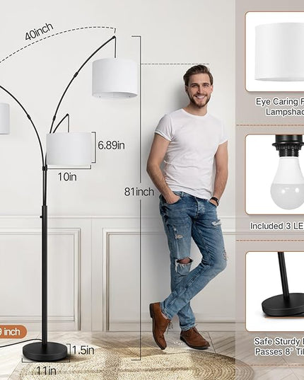 OUTON Arc Led Floor Lamp, Modern Black 3 Light Tall Floor Lamp for Bedroom, 2400lm Mid Century Adjustable Standing Corner Lamps for Living Room Office, 3 LED Bulbs Included, White Lampshade - LeafyLoom