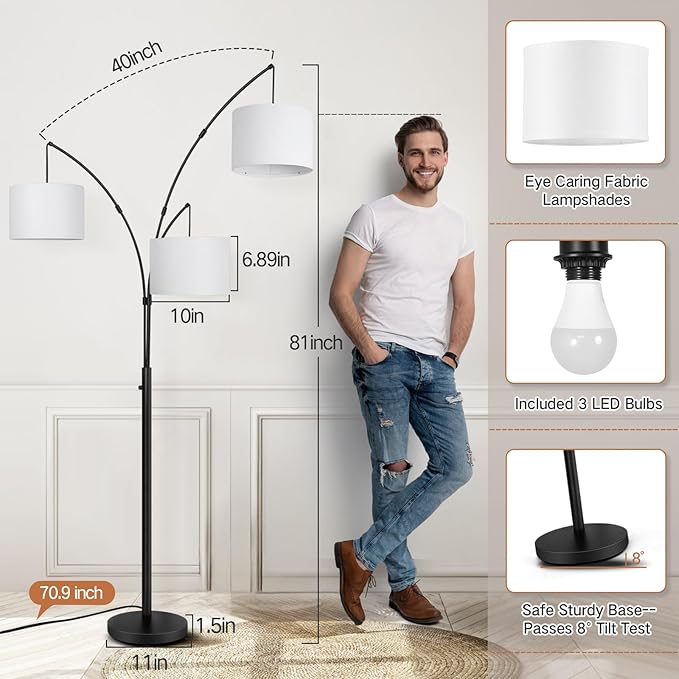 OUTON Arc Led Floor Lamp, Modern Black 3 Light Tall Floor Lamp for Bedroom, 2400lm Mid Century Adjustable Standing Corner Lamps for Living Room Office, 3 LED Bulbs Included, White Lampshade - LeafyLoom