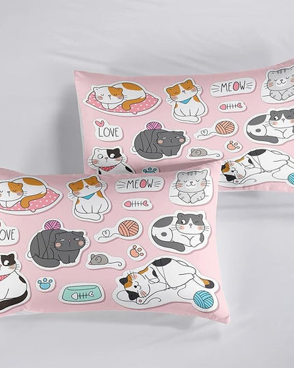 CVHOUSE Cat Bedding,Cartoon Cat Comforter Full,Animals Print Comforter Set for Kids,Kawaii Quilt Set with 1 Comforter and 2 Pillow Cases - LeafyLoom
