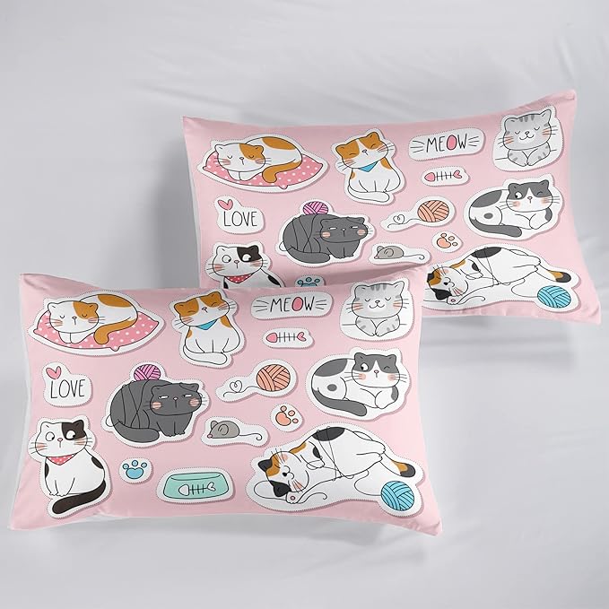 CVHOUSE Cat Bedding,Cartoon Cat Comforter Full,Animals Print Comforter Set for Kids,Kawaii Quilt Set with 1 Comforter and 2 Pillow Cases - LeafyLoom