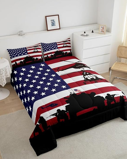 Feelyou American Flag Comforter Set for Girls Kids Boys Men Soldier Rifle Helicopter Tank Bedding Set Red Blue Stars Stripes USA Flag Comforter Room Decor Army Guns Military Down Comforter Twin Size - LeafyLoom