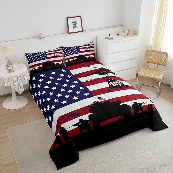 Feelyou American Flag Comforter Set for Girls Kids Boys Men Soldier Rifle Helicopter Tank Bedding Set Red Blue Stars Stripes USA Flag Comforter Room Decor Army Guns Military Down Comforter Twin Size - LeafyLoom